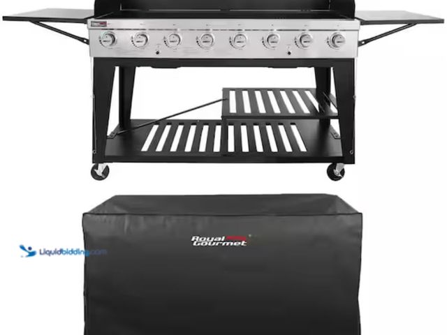 Lot 49-1623491 - Royal Gourmet 8-Burner Event Propane Gas Grill in Black with 2 Folding Side Tables with Cover, Model...