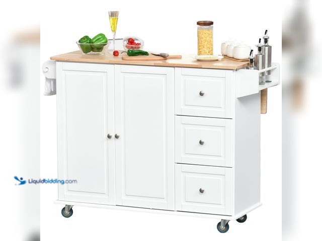 Lot 49-5452448 - HOMCOM Mobile Kitchen Island Storage Trolley Cart on Wheels with Dropleaf Top, Towel/Spice Rack, 3 D...