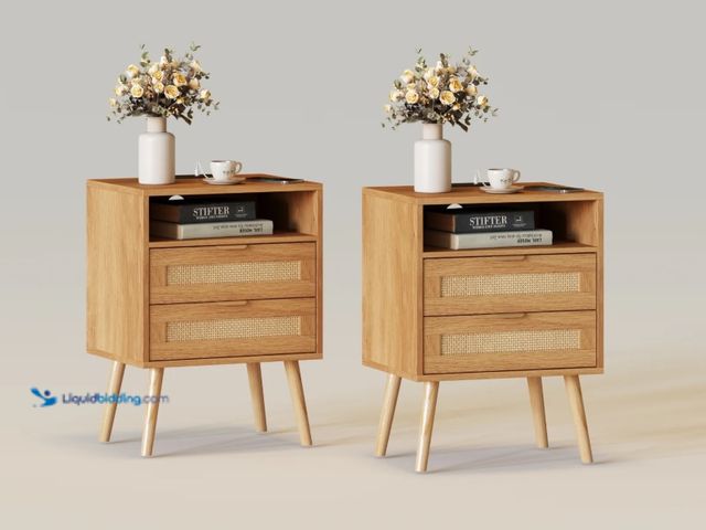Lot 49-3480449 - Vabches Rattan Nightstand with Charging Station, 2 AC Outlets and 2 USB Ports, Light Brown, (2-Pack)...