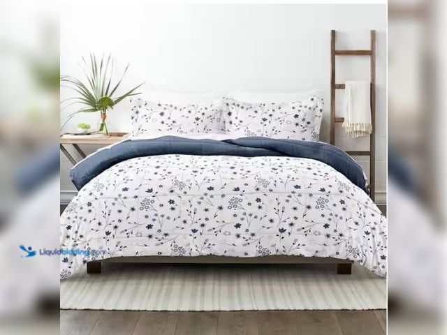 Lot 49-1573920 - Becky Cameron Premium Down Alternative Navy Forget Me Not Reversible Microfiber Queen Comforter Set,...