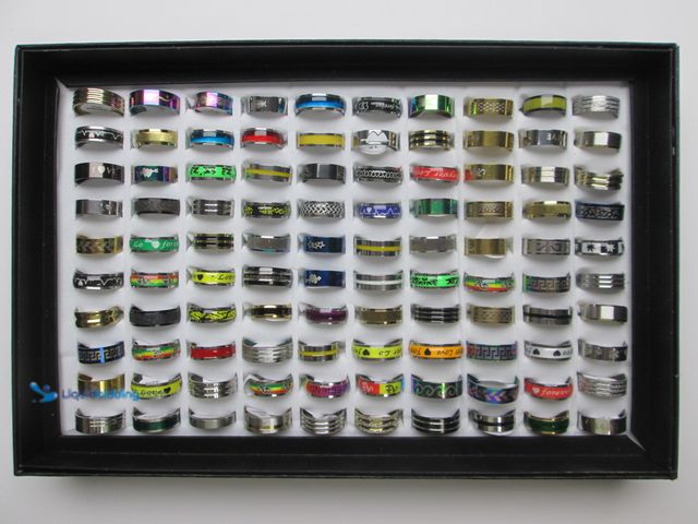 Lot 49-1616490 - Bulk Lot of 100 Stainless Steel Rings in Retail Display Box - NEW - Includes Men's and Women's Sizes...