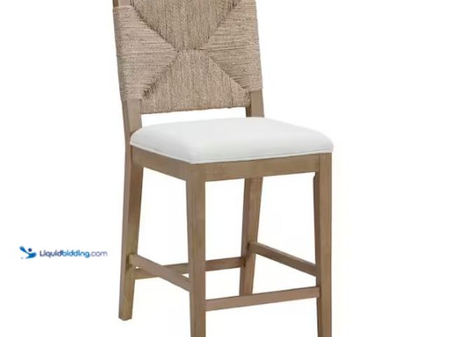 Lot 49-1627118 - Nathan James Beacon 24" Bohemian Boucle Upholstered Wood Counter Height Bar Stool w/ Woven Back, Cre...