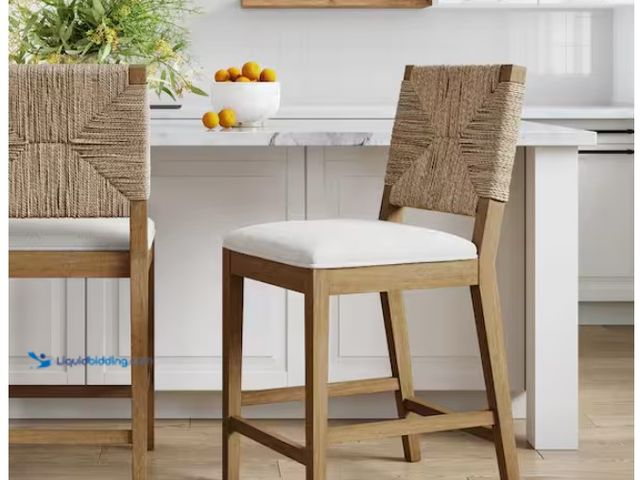 Lot 49-1622101 - Nathan James Beacon 24 in. Bohemian Boucle Upholstered Wood Counter Height Bar Stool w/ Woven Back, ...