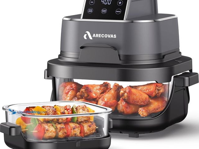 Lot 49-5545053 - Arecovas 4-in-1 Portable Glass Air Fryer, 140–400°F Precise Heat, Max Crisp Technology, 4.2QT & 1.6Q...