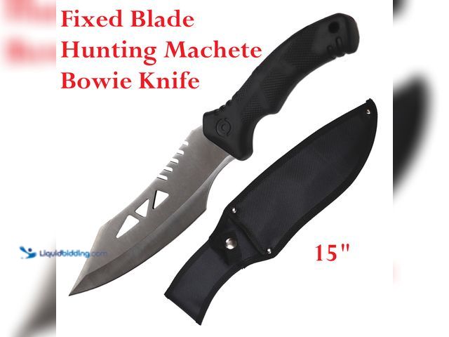 Lot 49-1616234 - Fixed Blade Hunting Machete Bowie Knife 15" Stainless Steel with Black Handle - NEW - This fixed kni...