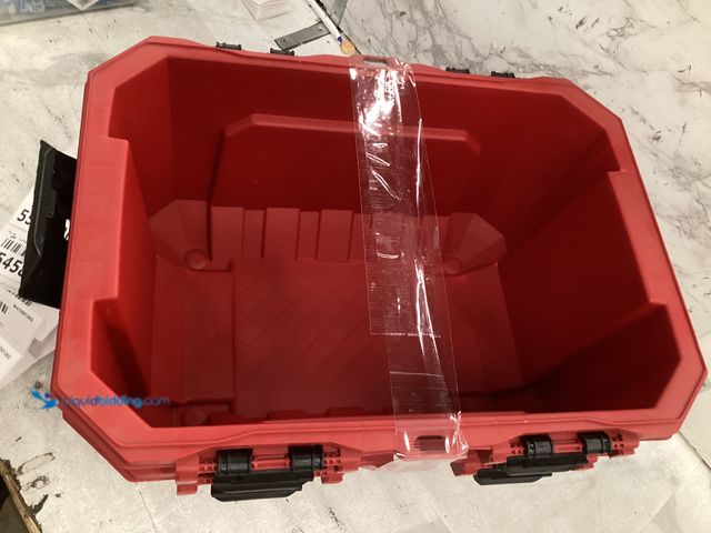 Lot 49-5545823 - 5-Gal. Professional Heavy Duty Waterproof Stackable Plastic Storage Container with Hinged Lid in Red...