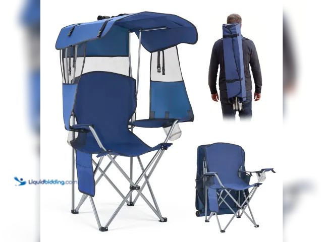 Lot 49-1627171 - VEVOR Camping Chair with Canopy Shade, Folding Beach Chair with Canopy & Magazine Pocket, 2 Cup Hold...
