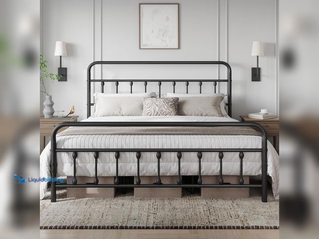 Lot 49-3531084 - Yaheetech Classic Metal Platform Bed Frame Mattress Foundation with Victorian Style Iron-Art Headboa...
