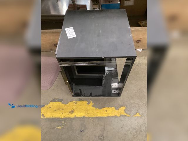Lot 49-5415594 - Black side table with 2 drawers. Diamond design on front of drawers. Used. Some hardware.