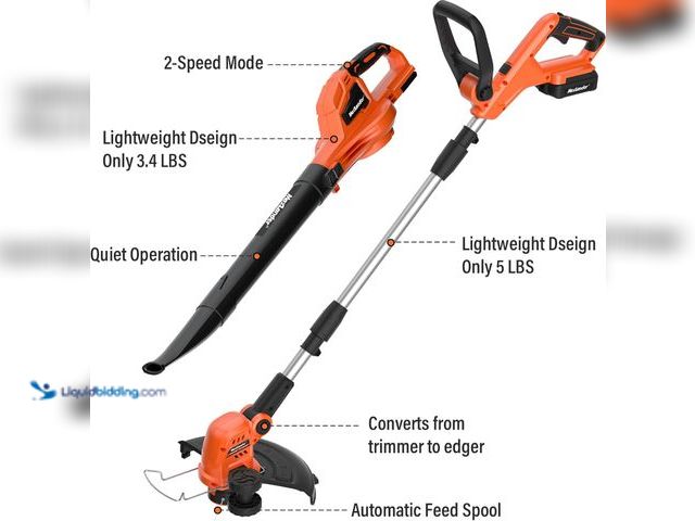 Lot 49-5447917 - MAXLANDER 20V 12'' Cordless Weed Wacker/Edger and Leaf Blower Combo Kit. 8 Pcs Replacement Spools. [...