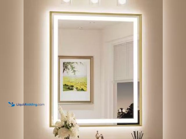 Lot 49-1625373 - KeonJinn 30 in. W x 36 in. H Rectangular Framed LED Lighted Bathroom Vanity Mirror with Light in Gol...