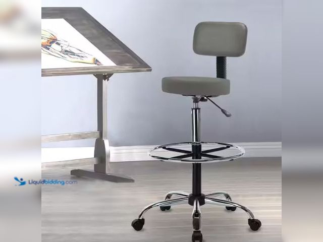 Lot 49-2001029 - HOMESTOCK Gray Faux Leather Drafting Stool for Office, Studio, Adjustable Height with Backrest and R...