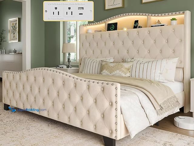 Lot 49-3639426 - Belffin King Size Upholstered Bed Frame - Tufted Headboard with LED Lighting and Outlet (Beige), Mod...