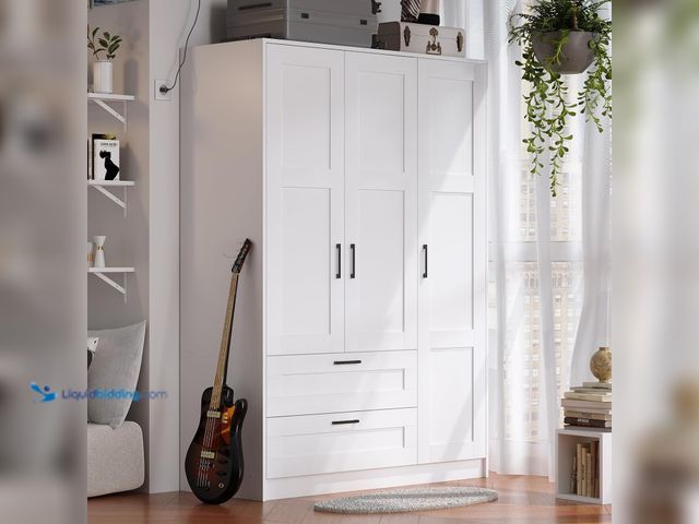 Lot 49-5541406 - Fenghua Lizhi 3 Doors Wooden Wardrobe Closet Armoire, White Storage Cabinet for Hanging Clothes, Bed...