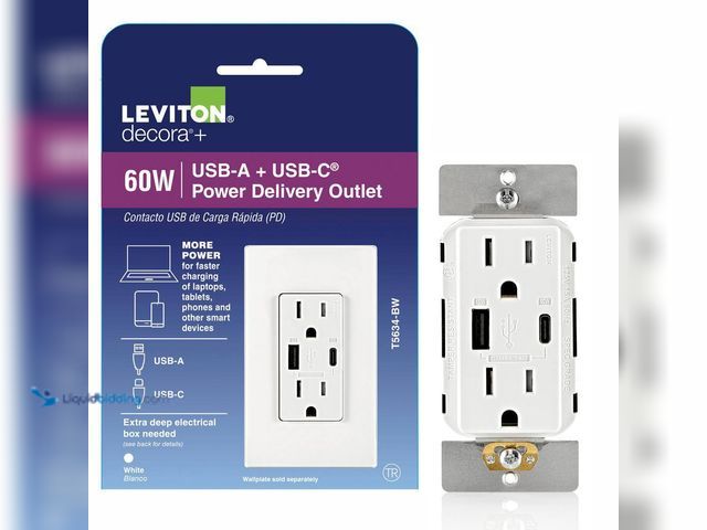 Lot 49-5405836 - Leviton
Decora 15 Amp Tamper Resistant Duplex Outlet with 60W USB-A + USB-C Power Delivery Charger,...