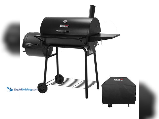 Lot 49-5413627 - Royal Gourmet
Charcoal Grill with Offset Smoker and Side Table in Black plus a Cover UNUSED (WIRE R...