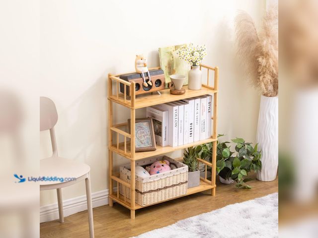 Lot 49-5572369 - 3‑Tier Expandable Bamboo Open Bookcase,Wooden Bookshelf,Natural. Unused