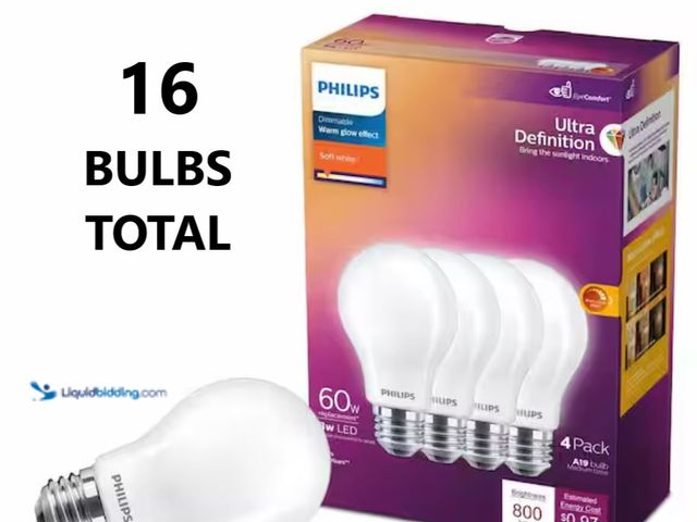 Lot 49-3614321 - Lot of (4) packs of Philips 60-Watt Equivalent A19 Ultra Definition Dimmable E26 LED Light Bulb EyeC...