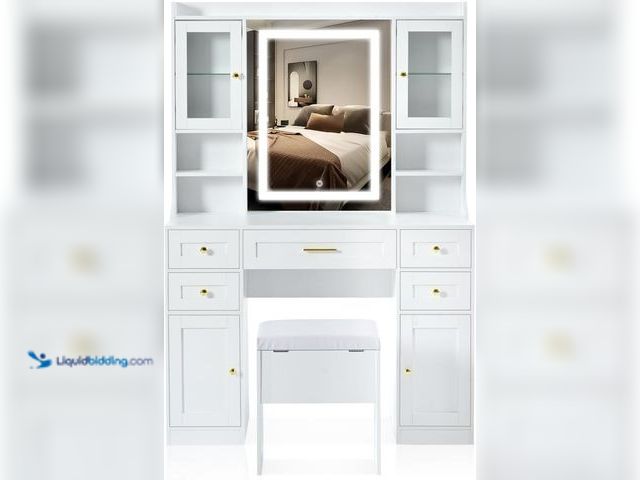 Lot 49-5508263 - Dexmalle White 41.4 Inch Makeup Vanity Desk with Charging Station and Cushioned Storage Stool. Model...