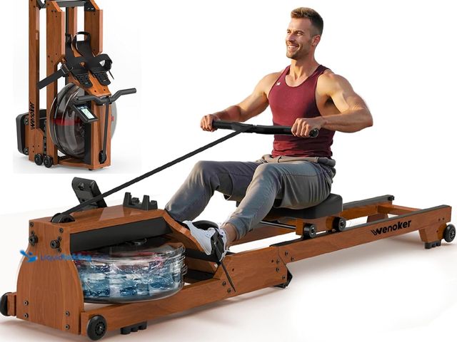 Lot 49-5411211 - Water Rowing Machine for Home Use, WENOKER Wooden Foldable Rower Machine with Dedicated Monitor & Bl...