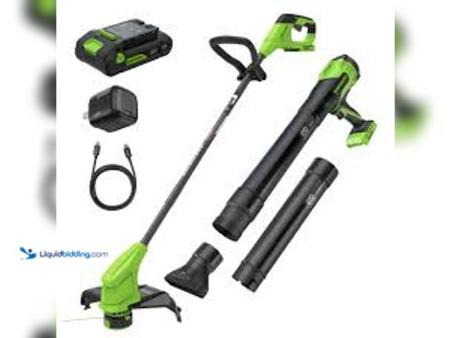 Lot 49-3566672 - Greenworks PowerAll 24V String Trimmer & Blower Combo Kit model:195526282655 unused. Battery, Charge...