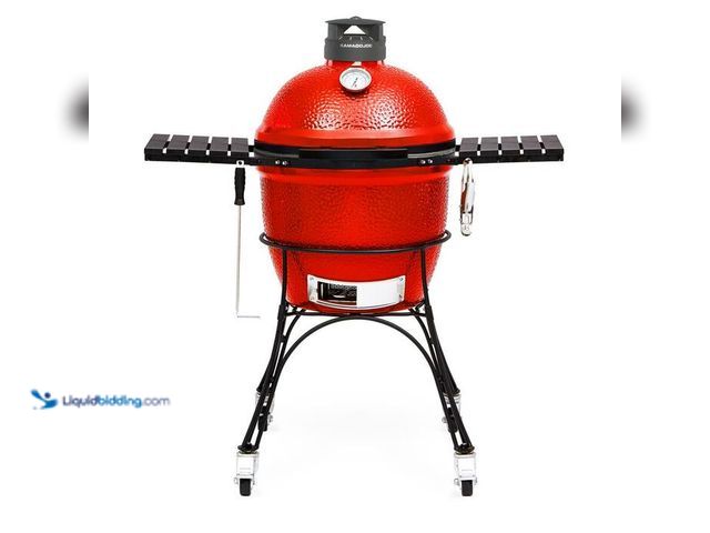 Lot 49-1548555 - Kamado Joe Classic Joe II 18 in. Charcoal Grill in Red with Cart, Side Shelves, Grate Gripper, and A...