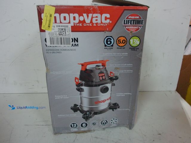 Lot 49-1627202 - 6.0 Gallon 5HP Stainless Steel Corded Electric Shop Vac Model #682022106, Used, Has Attachments, Tes...