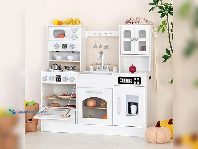 Lot 49-3466006 - Wooden Play Kitchen for Kids with Realistic Lights and Sounds, Large Toddlers Interactive Kitchen Pl...