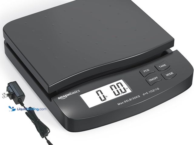 Lot 49-3539312 - Amazon Basics Digital Postal Scale, AC Adapter, 65 lb Capacity, 0.1 oz Readability, Black. Model: b0...