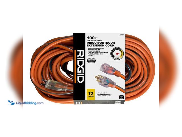 Lot 49-3512561 - RIDGID
100 ft. 12/3 Heavy Duty Indoor/Outdoor Extension Cord with Lighted End, Orange/Grey (Unused)