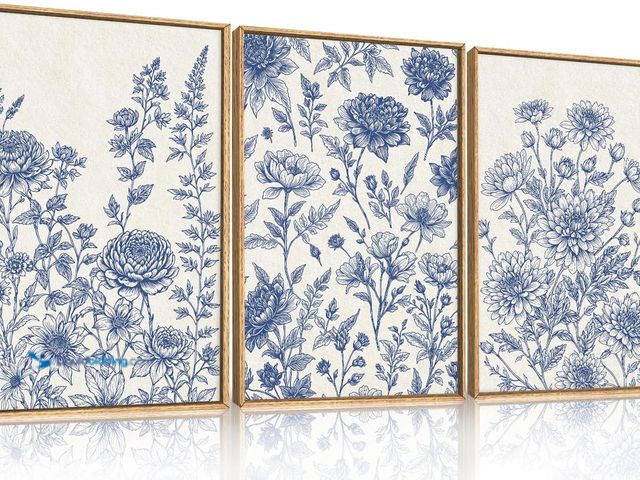 Lot 49-5437466 - Classic Chinoiserie Floral Framed Canvas Wall Art Set, Blue and White Flower Wall Decor, Navy Waterc...