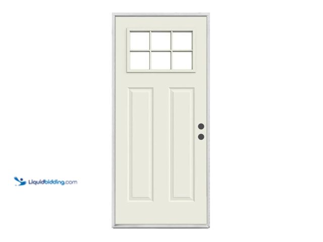 Lot 49-5412122 - JELD-WEN 30 in. x 80 in. 6 Lite Craftsman Primed Steel Prehung Left-Hand Inswing Front Door, Model #...
