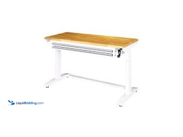 Lot 49-5483385 - Husky 52 in. W x 24 in. D 2-Drawer Adjustable Height White Workbench Table with Solid Wood Top. Mode...