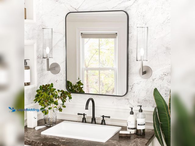 Lot 49-3536562 - Antok Rounded Bathroom Mirror, 24" x 16" Rectangular Wall Mirror, Aluminum Alloy Frame Contemporary ...