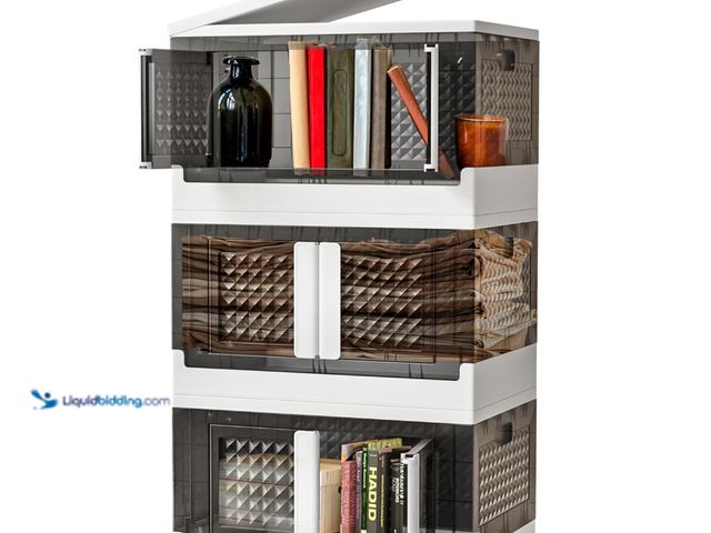 Lot 49-1570234 - (3-Pack) livluxe Plastic Stackable Storage Bins - Foldable Storage Box with Door, Wheels & Side Hand...