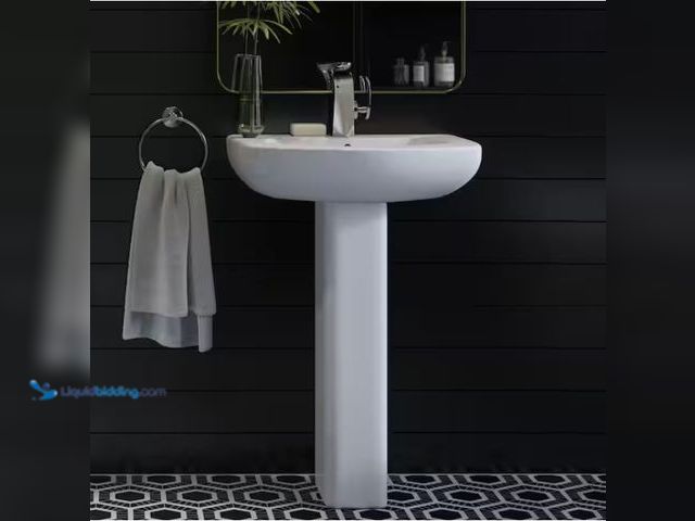 Lot 49-1562452 - Swiss Madison Modern Ceramic Rectangular Chateau Pedestal Bathroom Vessel Sink with Round Single Fau...