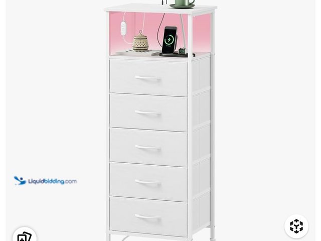 Lot 49-1810620 - Dresser    Somdot White Nightstand with Charging Station and LED Light for Bedroom, Tall 5 Drawers D...