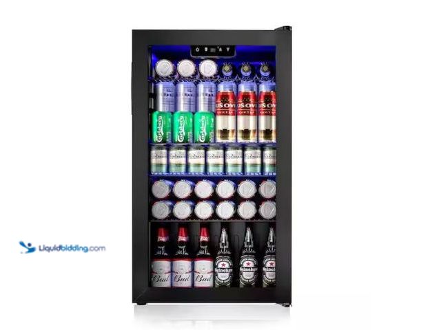 Lot 49-1568047 - SIMZLIFE 17.7 in.W Single Zone 130-Cans Freestanding Beverage Refrigerator Cooler in Black, Reversib...