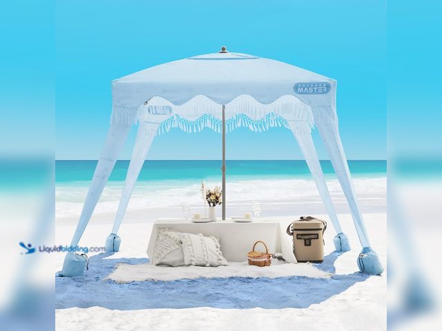 Lot 49-5410850 - OutdoorMaster Beach Cabana with Fringes, Portable 6' x 6' Beach Canopy for Sand, Easy Set Up Beach S...