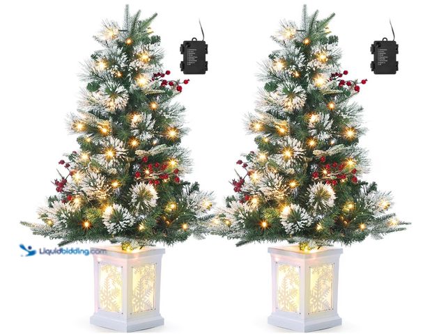 Lot 49-3430525 - (1) pc. 3FT Prelit Premium Potted Flocked Arctic Fir Christmas Tree with 8 Modes, Battery Powered Wh...