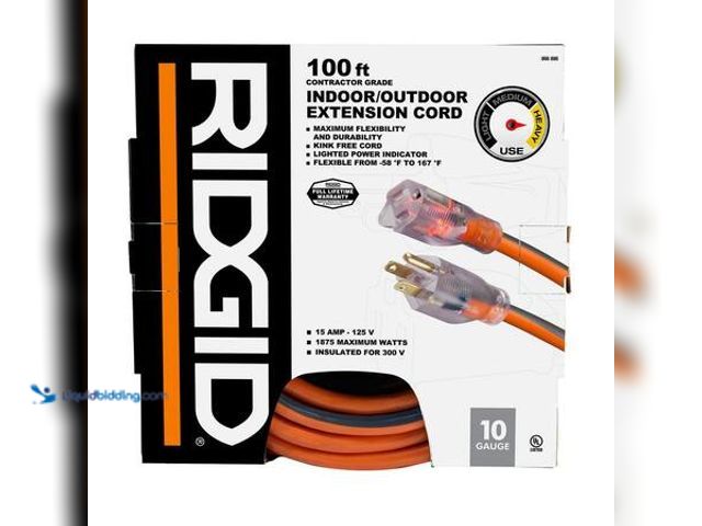Lot 49-5541513 - RIDGID 100 ft. 10/3 Heavy Duty Indoor/Outdoor SJTW Extension Cord with Lighted End, Orange/Grey. Mod...