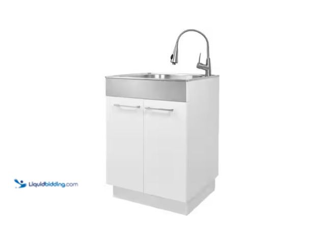 Lot 49-2005534 - Glacier Bay 24 in. W x 21 in. D x 34 in. L Freestanding Stainless Steel Apron-Front Laundry Sink wit...