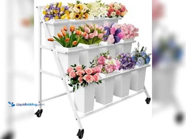 Lot 49-3563655 - PROLEE Flower Stand with 12 Buckets, Flower Display Stand with Wheels, Flower Cart, Moving Florist B...