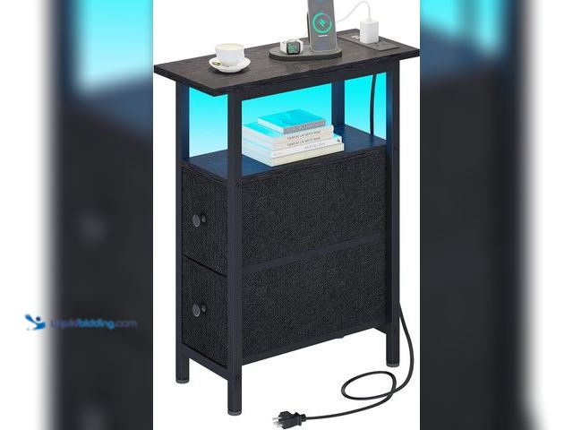 Lot 49-5408525 - End Table with Charging Station, Narrow Side Table with 2 Fabric Drawers, Skinny Nightstand with LED...