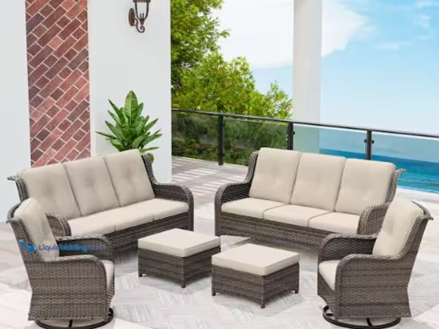 Lot 49-1536027 - MeetLeisure Brown 6-Piece Wicker Patio Conversation Set Rattan Seating Set with Beige Cushion, Model...