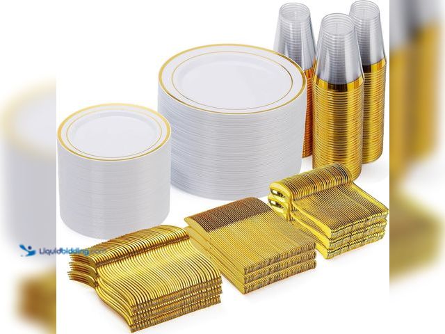 Lot 49-3537941 - Goodluck 600 Pieces Gold Disposable Plates for 100 Guests, Plastic Plates for Party, Dinnerware Set ...