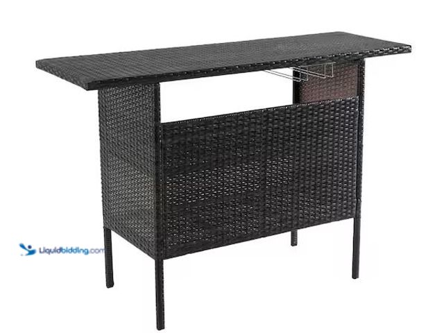 Lot 49-5486841 - 55 in. W Rectangular Mixed-Brown Wicker Outdoor Serving Bar Counter Table with Cup Holders and Shelv...