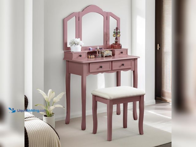 Lot 49-5453395 - Roundhill Furniture Sanlo Wooden Vanity, Make Up Table and Stool Set, RoseGold. [Model:B08RRSYR5W] U...