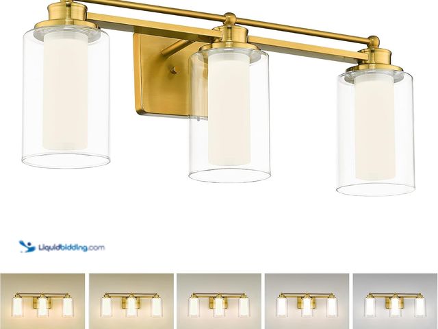 Lot 49-3564047 - 3-Light Bathroom Vanity Light, HWH Brushed Gold Bathroom Light Fixtures Antique Brass Vanity Light w...
