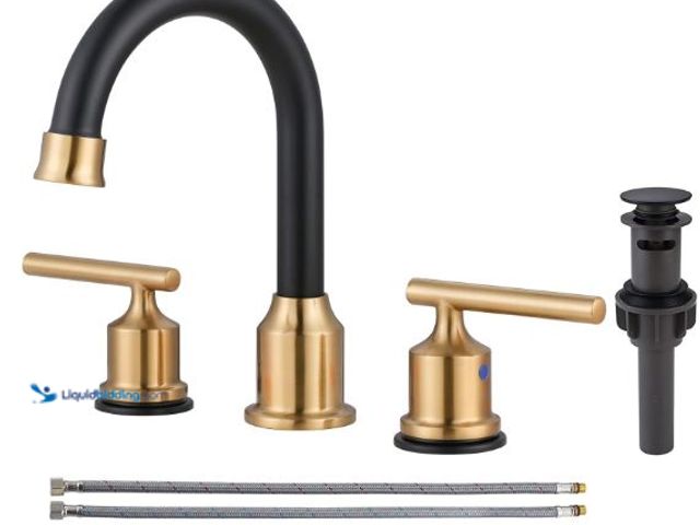 Lot 49-1517225 - WOWOW 3 Hole Widespread Bathroom Sink Faucet With Pop Up Drain Stopper - 2 Handle Black and Gold Mix...